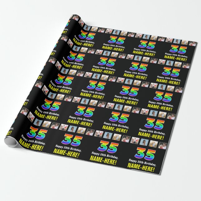 Papier Cadeau 35e anniversaire : Arc-en-ciel "35"; photos et nom (Déroulé)