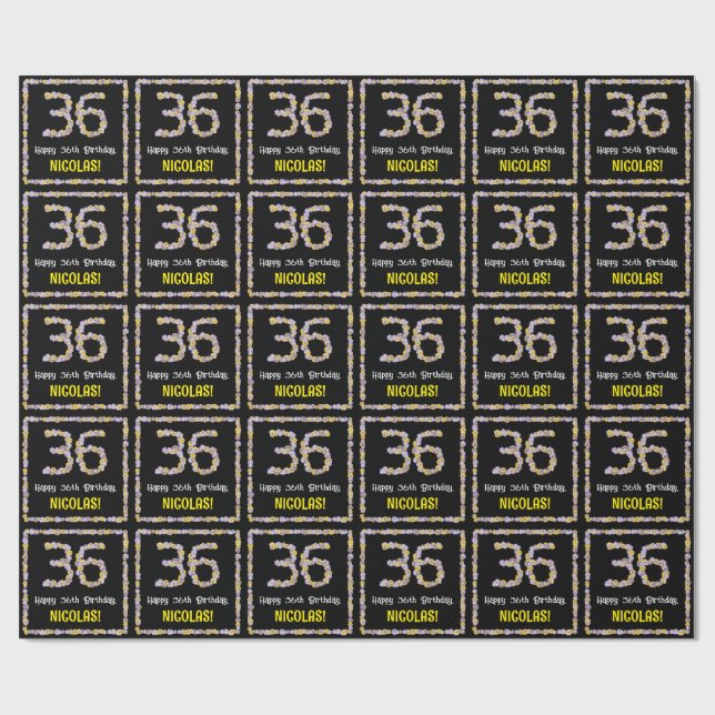 Papier Cadeau 36e anniversaire : Floral Flowers Numéro, Nom pers (Plat)