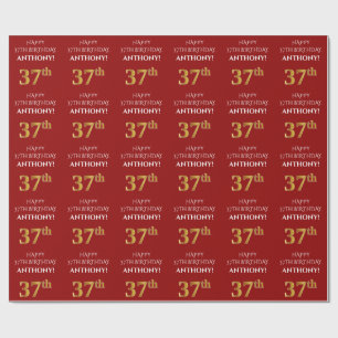 Papier Cadeau 37e anniversaire : Elégant, Rouge, Faux Gold Look