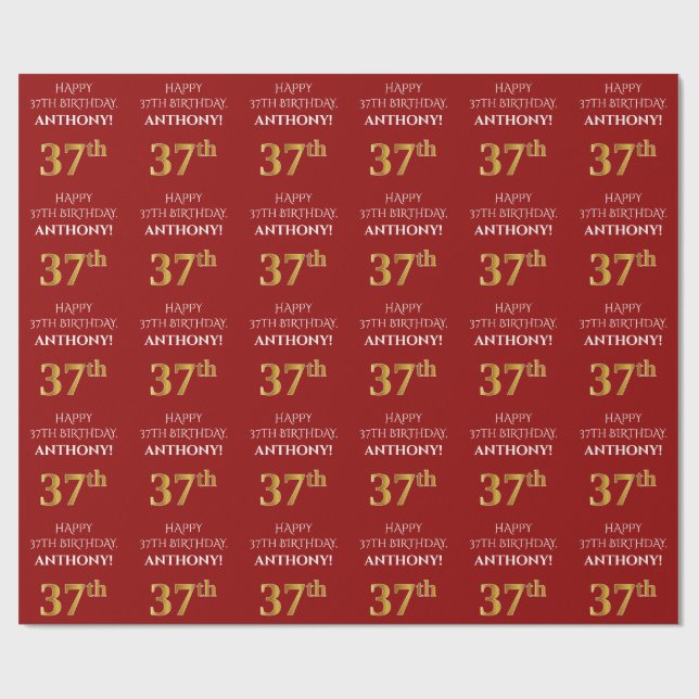 Papier Cadeau 37e anniversaire : Elégant, Rouge, Faux Gold Look (Plat)