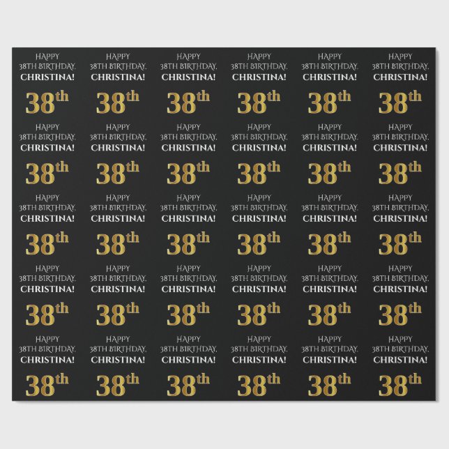 Papier Cadeau 38e anniversaire : Elégant, Noir, Faux Gold Look (Plat)