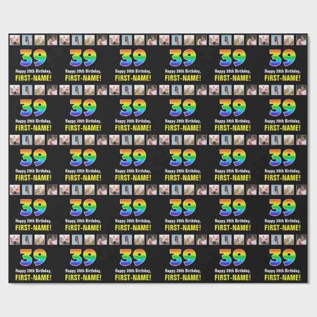 Papier Cadeau 39e anniversaire : Arc-en-ciel "39"; photos et nom (Plat)
