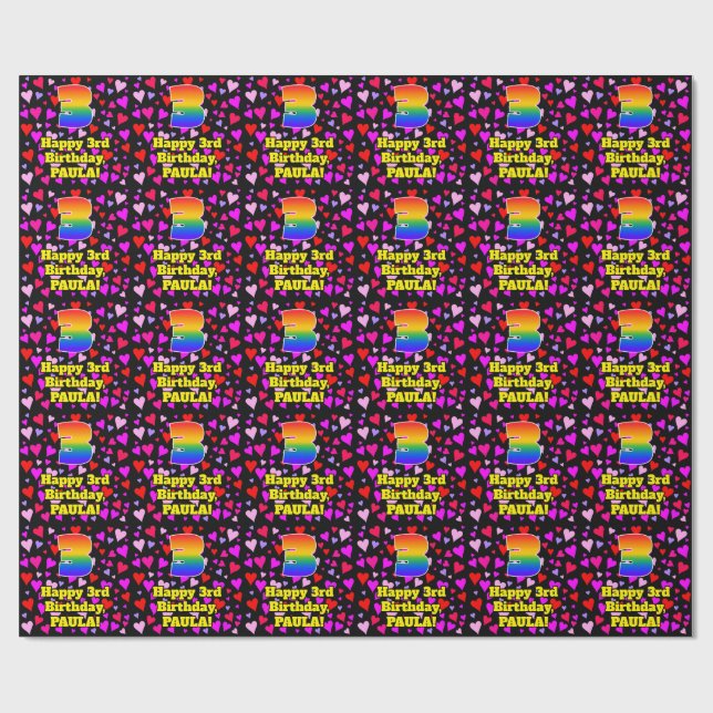 Papier Cadeau 3e anniversaire : Amour Hearts Motif, Arc-en-ciel  (Plat)