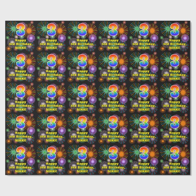 Papier Cadeau 3e anniversaire : Fun Fireworks, Rainbow Look # "3 (Plat)