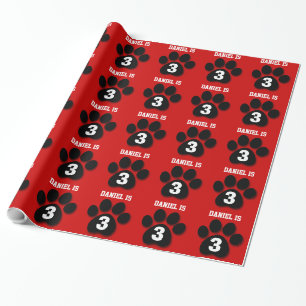 Papier Cadeau 3ème Empreintes de pattes NOIRS ROUGES nommés