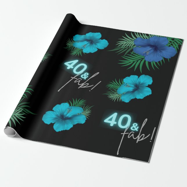 Papier Cadeau 40 & Fab ! Neon Blue Silver Black Tropical Anniver (Déroulé)