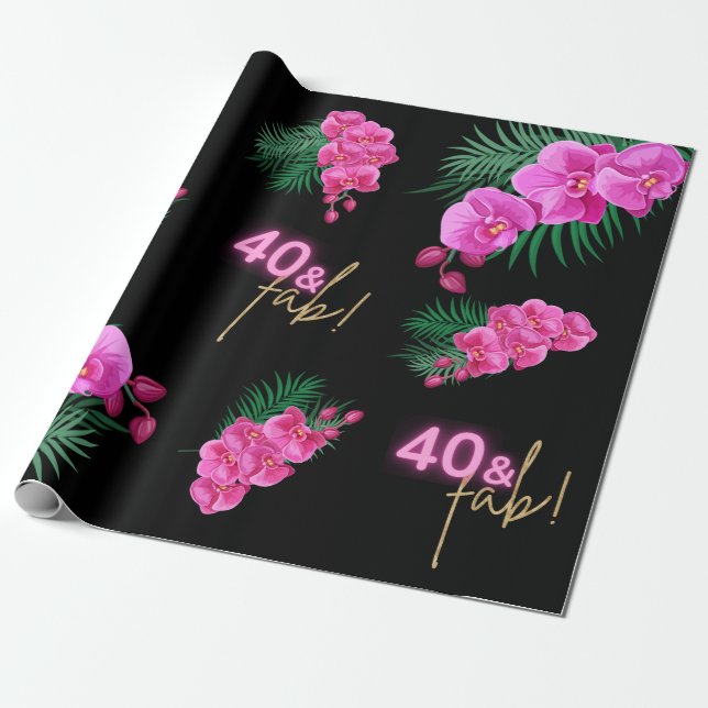 Papier Cadeau 40 & Fab ! Neon Pink Gold Black Tropical Anniversa (Déroulé)