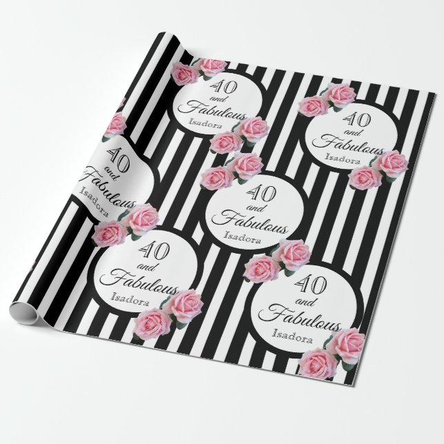 Papier Cadeau 40 roses roses roses noires rayures blanches (Déroulé)