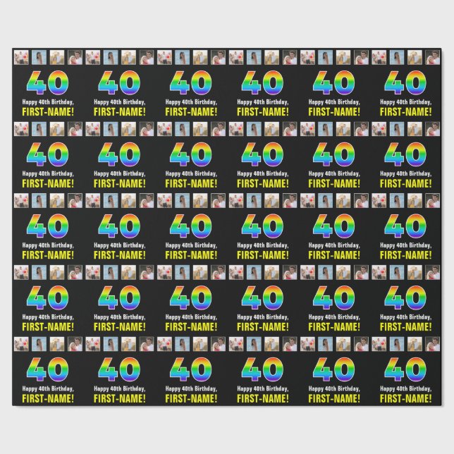 Papier Cadeau 40e anniversaire : Arc-en-ciel "40"; photos et nom (Couture)