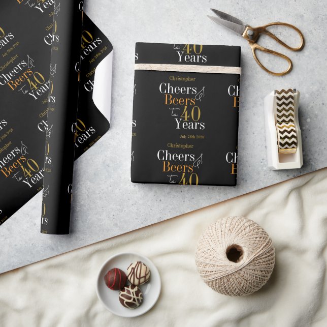 Papier Cadeau 40e anniversaire Cheers and Beers Black Gold (Artisanat)