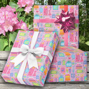 Papier Cadeau 40e anniversaire Floral Cake Balloons Casquettes p