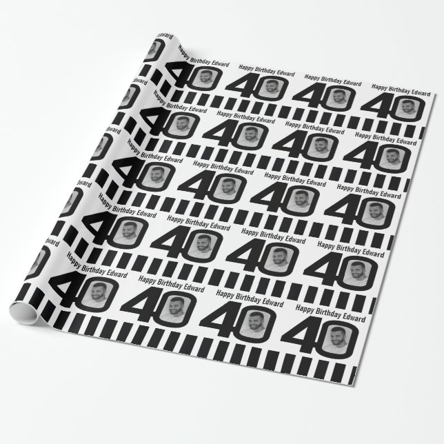 Papier Cadeau 40e anniversaire photo amusant noir et blanc embal (Déroulé)
