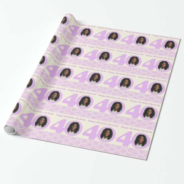 Papier Cadeau 40e anniversaire photo damask crème emballage viol (Déroulé)
