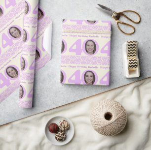 Papier Cadeau 40e anniversaire photo damask crème violet emballa