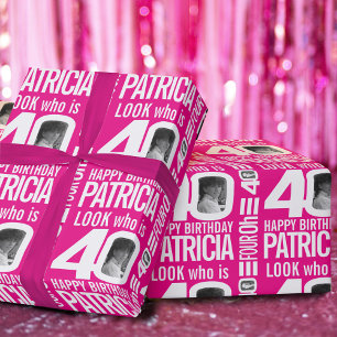 Papier Cadeau 40e anniversaire rose look 40 photo personnalisée