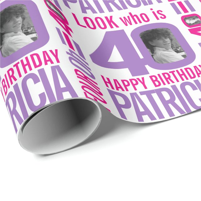 Papier Cadeau 40e anniversaire rose violet look 40 photos person (Coin rond)