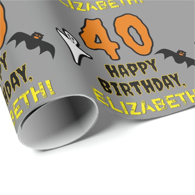 Papier Cadeau 40e anniversaire : Thème Halloween Éffrayant, Nom  (Coin rond)