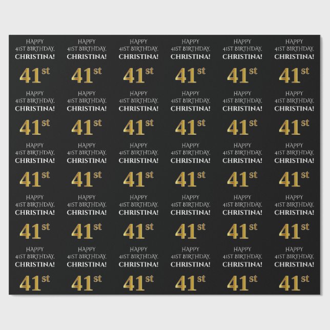 Papier Cadeau 41e anniversaire : Elégant, Noir, Faux Gold Look (Plat)
