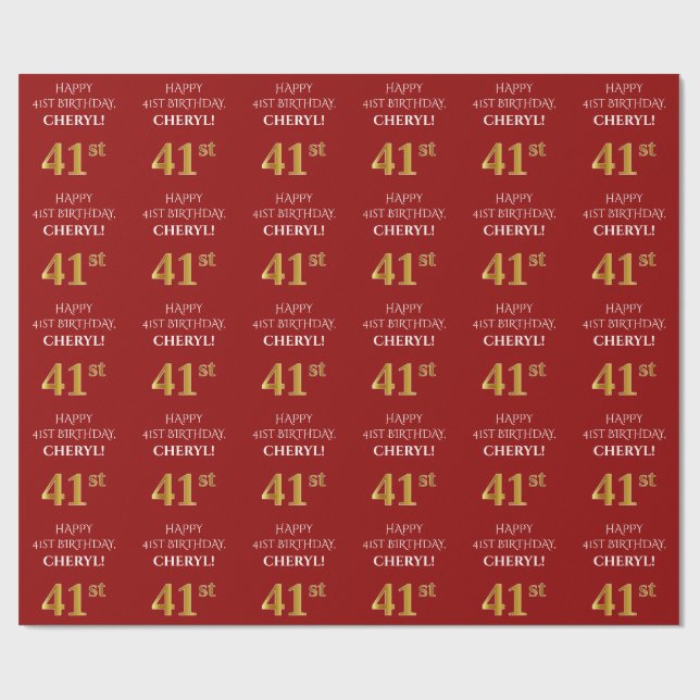 Papier Cadeau 41e anniversaire : Elégant, Rouge, Faux Gold Look (Plat)