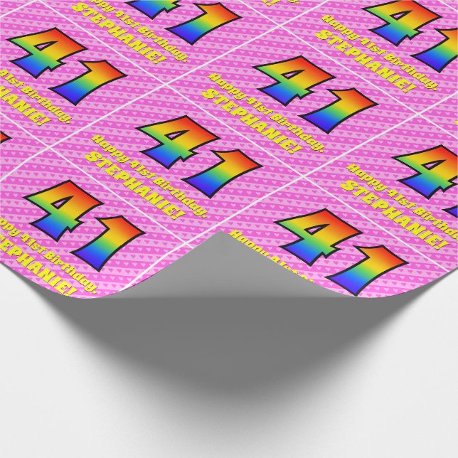 Papier Cadeau 41e anniversaire : Pink Stripes & Hearts, Arc en c (Coin)