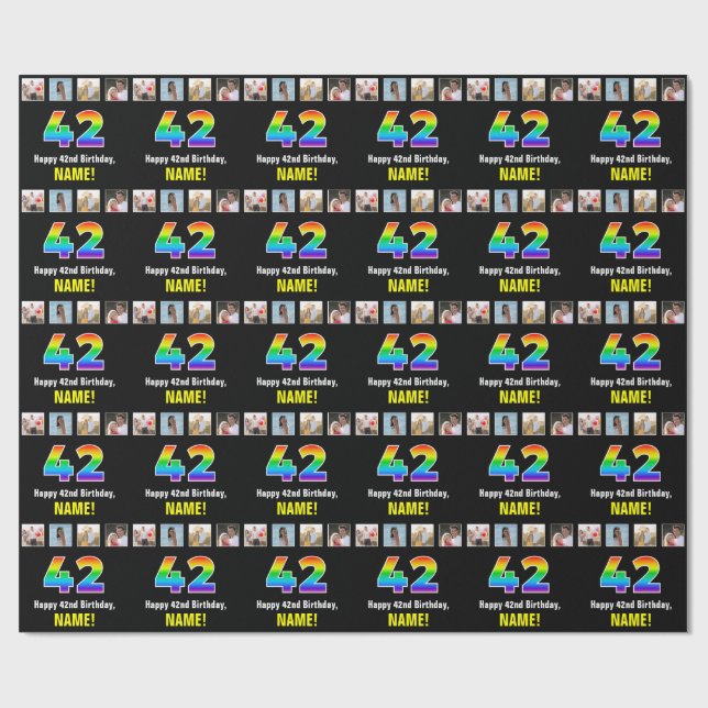 Papier Cadeau 42e anniversaire : Arc-en-ciel "42"; photos et nom (Plat)