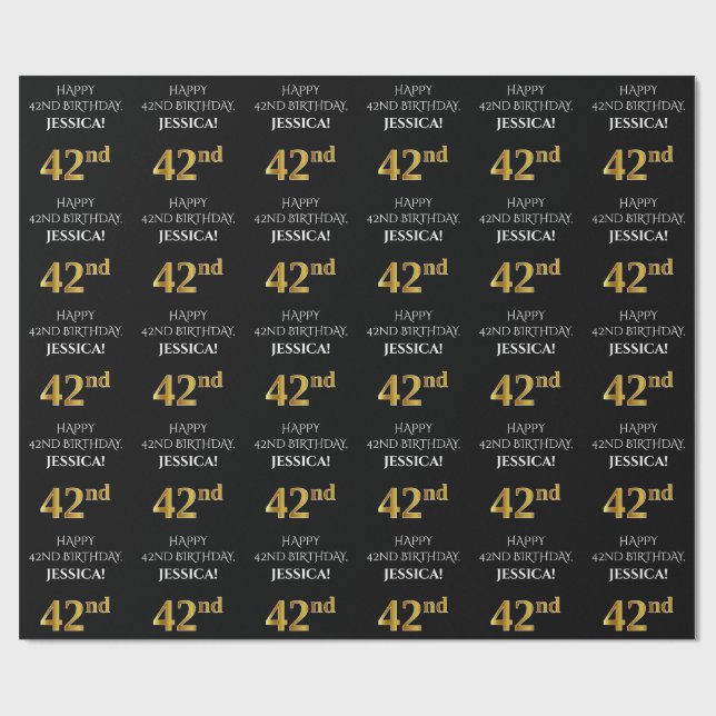 Papier Cadeau 42e anniversaire : Elégant, Noir, Faux Gold Look (Plat)