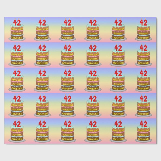 Papier Cadeau 42e anniversaire : Fun Cake and Candles + Nom pers (Plat)