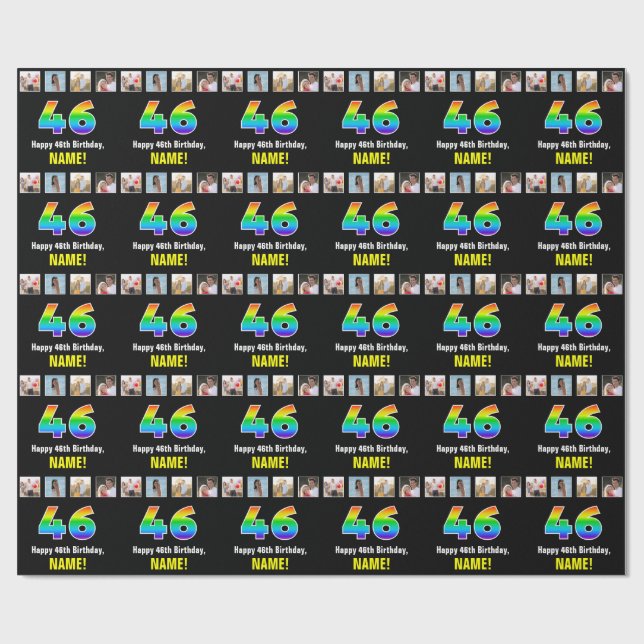 Papier Cadeau 46e anniversaire : Arc-en-ciel "46"; photos et nom (Plat)