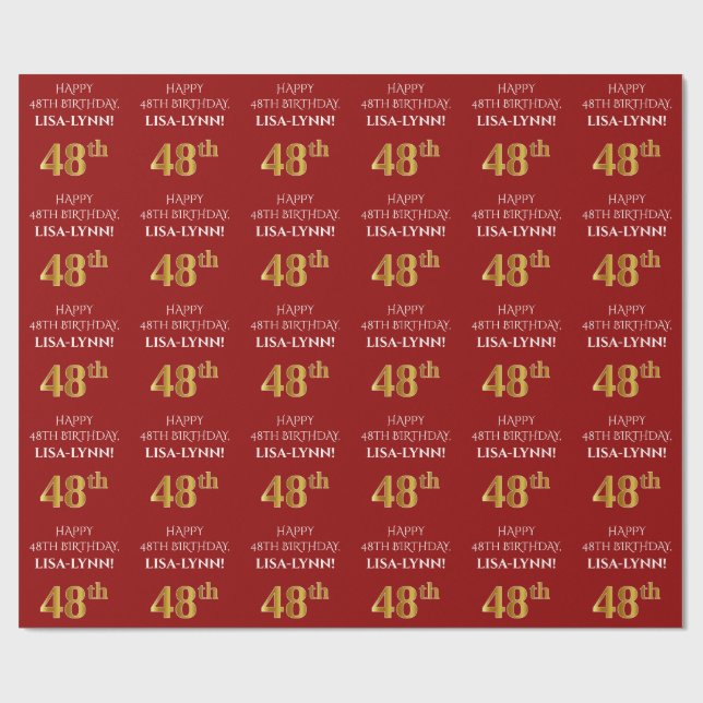 Papier Cadeau 48e anniversaire : Elégant, Rouge, Faux Gold Look (Plat)