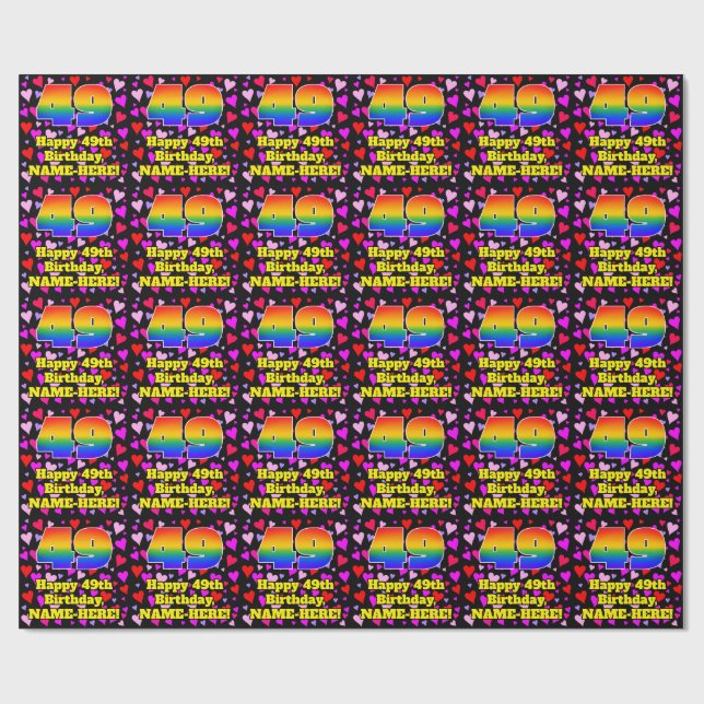 Papier Cadeau 49e anniversaire : Amour Hearts Motif, Arc en ciel (Plat)