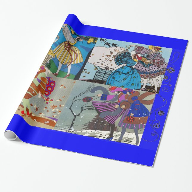 Papier Cadeau 4 SAISONS ARTDECO BEAUTY MODE ILLUSTRATION, Bleu (Déroulé)