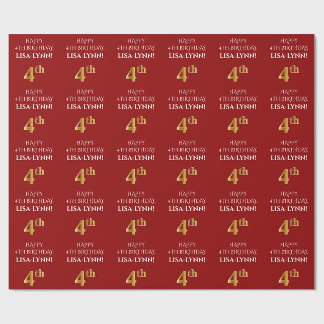 Papier Cadeau 4e anniversaire : Elégant, Rouge, Faux Gold Look (Plat)