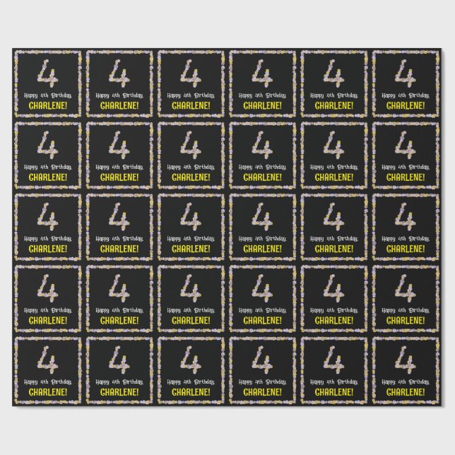 Papier Cadeau 4e anniversaire : Floral Flowers Numéro, Nom perso (Plat)