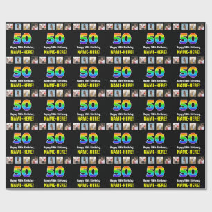 Papier Cadeau 50e anniversaire : Arc-en-ciel "50"; photos et nom