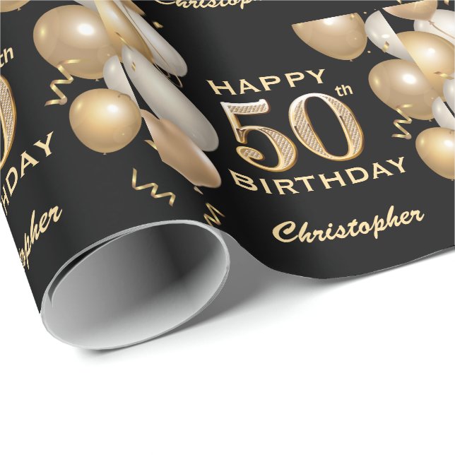 Papier Cadeau 50e anniversaire Ballons de Parties scintillant no (Coin rond)