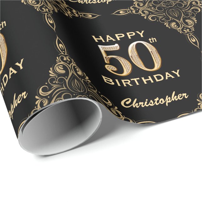 Papier Cadeau 50e anniversaire Black and Gold Parties scintillan (Coin rond)