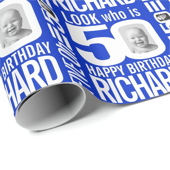 Papier Cadeau 50e anniversaire bleu blanc look 50 nom photo pers (Coin rond)