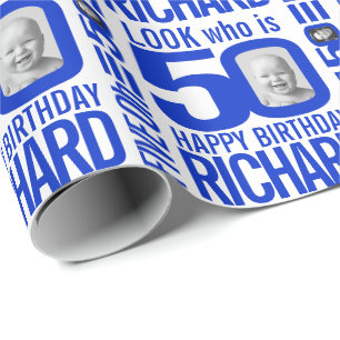 Papier Cadeau 50e anniversaire bleu blanc look 50 nom photo pers
