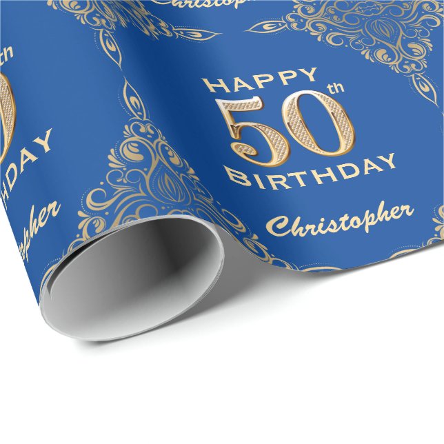 Papier Cadeau 50e anniversaire Cadre Parties scintillant bleu et (Coin rond)