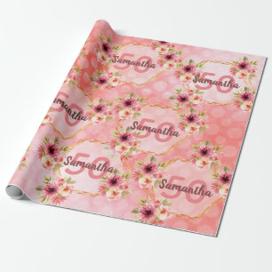 Papier Cadeau 50e anniversaire fête blush rose fleurs nom