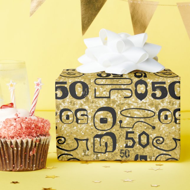 Papier Cadeau 50e anniversaire Noir / Gold Typographie (Fête d'anniversaire)