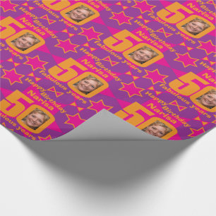 Papier Cadeau 50e anniversaire photo amusant rose violet cadeau