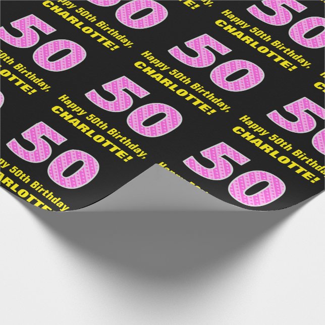 Papier Cadeau 50e anniversaire : Pink Stripes and Hearts "50" +  (Coin)