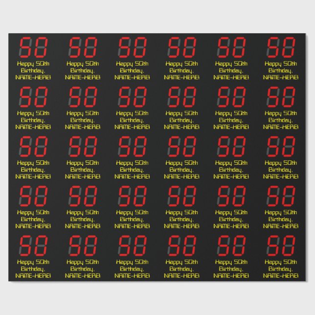 Papier Cadeau 50e anniversaire : Rouge Digital Clock Style "50"  (Plat)