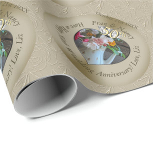 Papier Cadeau 50ème photo de coeur taupe en diamant 