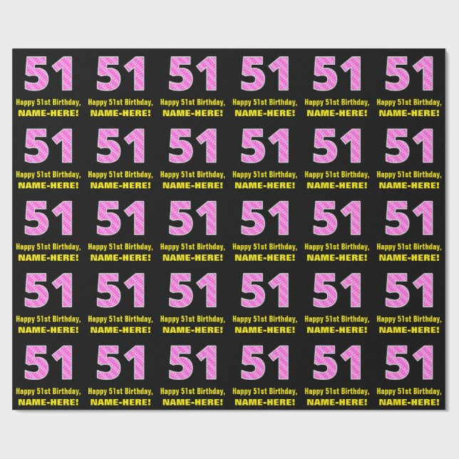 Papier Cadeau 51e anniversaire : Pink Stripes and Hearts "51" +  (Plat)