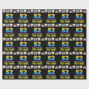 Papier Cadeau 52e anniversaire : Arc-en-ciel "52"; photos et nom