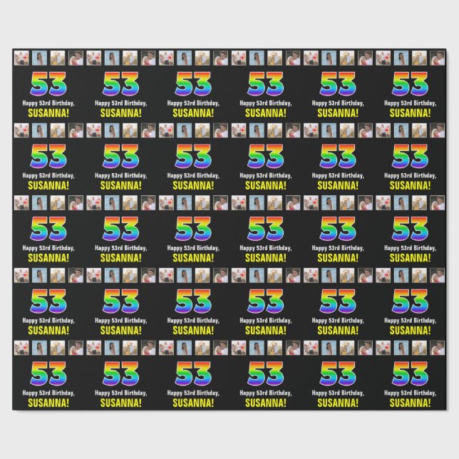 Papier Cadeau 53e anniversaire : Arc-en-ciel "53"; photos et nom (Couture)