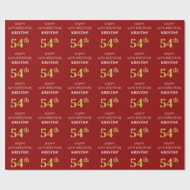 Papier Cadeau 54e anniversaire : Elégant, Rouge, Faux Gold Look (Plat)