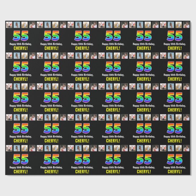 Papier Cadeau 55e anniversaire : Arc-en-ciel "55"; photos et nom (Plat)